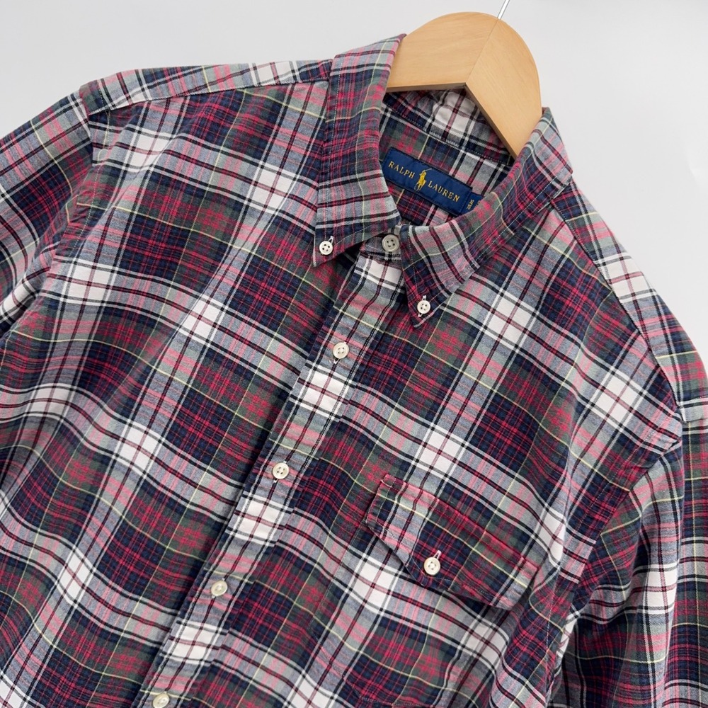 Ralph Lauren Plaid Button Down Mens XL Red Navy Green Long Sleeve Cotton Shirt
